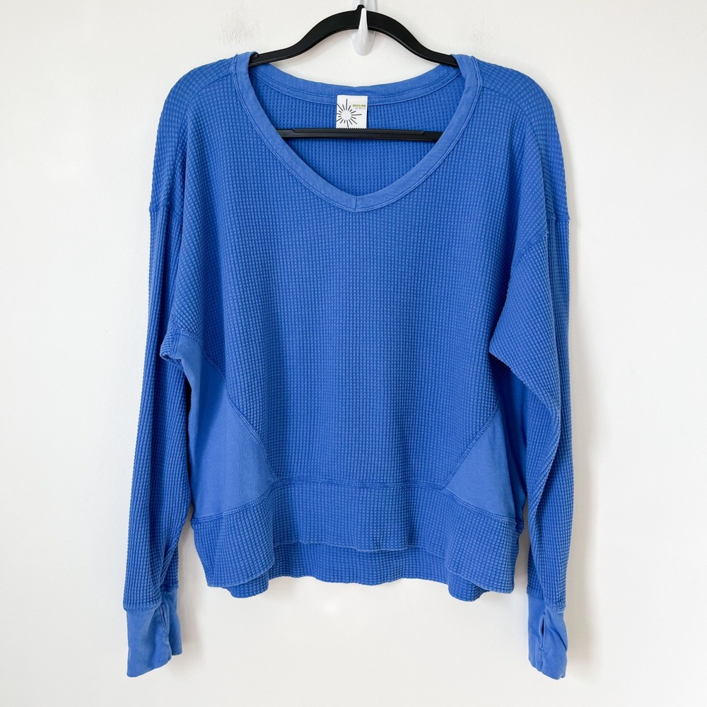 Offline by Aerie V Neck Waffle Knit Long Sleeve Top Womens‎ XS Blue